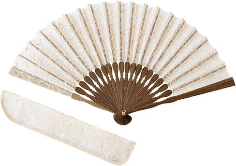Elegant Sheer Silk Folding Fan with Intricate Embroidery, 8.27 inch, Made in Japan in Saudi Arabia