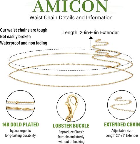 2PCS 18K Gold Plated Waist Chain Satellite Body Chain Layered rope Waist Chains Sexy Bikini Beach Waist Chain for Women Waterproof Adjustable 26.5-33Inch in Saudi Arabia
