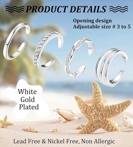 4PCS 14K Gold Plated Toe Rings, White Gold Plated Toe Rings for Women Hug CZ Triple Twist Simple Band Open Toe Rings Beach Foot Jewelry Adjustable in Saudi Arabia
