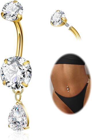 F136 Titanium Dangle Belly Button Ring for Women Dangling Navel Ring Hypoallergenic Teardrop Belly Rings Internally Threaded CZ Belly Piercing Jewelry 10MM in Saudi Arabia