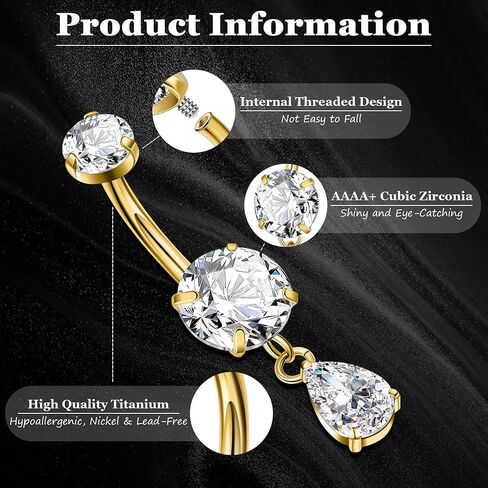 F136 Titanium Dangle Belly Button Ring for Women Dangling Navel Ring Hypoallergenic Teardrop Belly Rings Internally Threaded CZ Belly Piercing Jewelry 10MM in Saudi Arabia