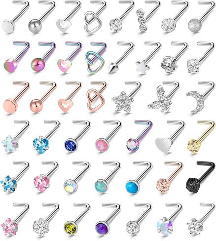 ONESING 36-44 Pcs 18G 20G Nose Rings Studs Nose Rings for Women Nose Piercings Jewelry Surgical Stainless Steel Nose Studs Moon Star Heart Butterfly Hypoallergenic Body Piercing Jewelry for Women Men in Kuwait