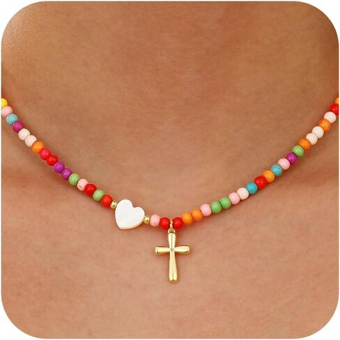 Colorful Beaded Cross Necklace for Girl Women, First Communion Confirmation Baptism Christian Religious Catholic Jewelry Gifts for Teen Girl 15+2 Inches in Kuwait