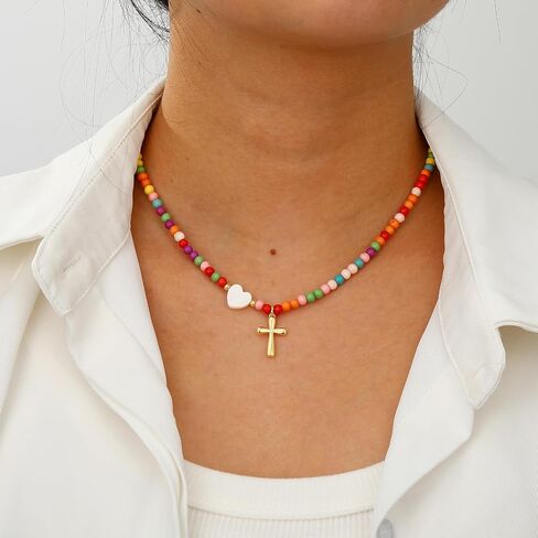 Colorful Beaded Cross Necklace for Girl Women, First Communion Confirmation Baptism Christian Religious Catholic Jewelry Gifts for Teen Girl 15+2 Inches in Kuwait