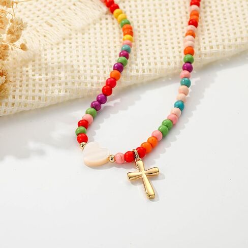 Colorful Beaded Cross Necklace for Girl Women, First Communion Confirmation Baptism Christian Religious Catholic Jewelry Gifts for Teen Girl 15+2 Inches in Kuwait