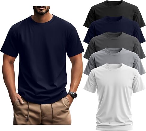 Ficerd 5 Pack Men's Big and Tall Shirts Short Sleeve Cotton Tee Summer Crew Neck Oversize Top Loose Fit Shirt Multipack in Kuwait