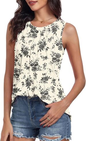 syoss Women's Summer Tank Tops Pleated Round Neck Sleeveless Tops in Kuwait