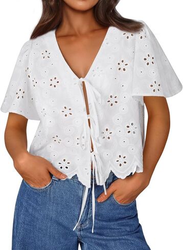 Trendy Queen Womens Tie Front Tops Summer Beach Vacation 2025 Fashion Outfits Short Sleeve Blouses Eyelet Embroidered Clothes in Kuwait