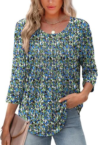 XIEERDUO 3/4 Length Sleeve Tops for Women 2025 Crewneck Casual Pleated Tunic Tops Loose Fit Shirts Blouses in Saudi Arabia