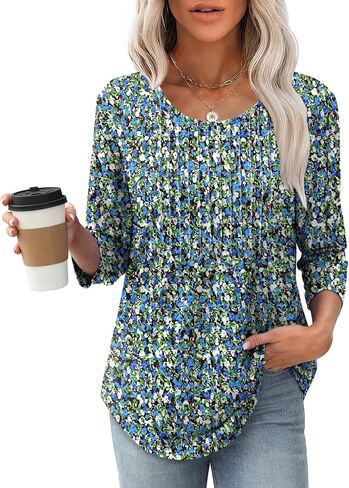 XIEERDUO 3/4 Length Sleeve Tops for Women 2025 Crewneck Casual Pleated Tunic Tops Loose Fit Shirts Blouses in Saudi Arabia