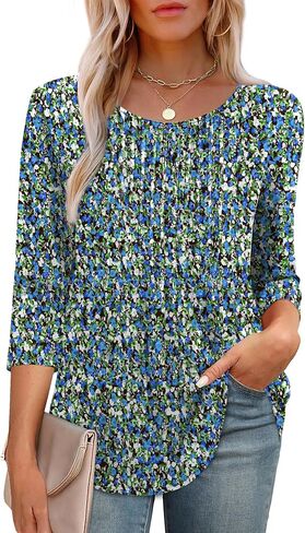 XIEERDUO 3/4 Length Sleeve Tops for Women 2025 Crewneck Casual Pleated Tunic Tops Loose Fit Shirts Blouses in Saudi Arabia