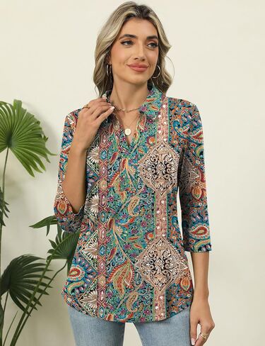 Zhenwei للسيدات 3/4 طول الأكمام V-neck collared قمم الصيف الأعمال غير الرسمية القمصان بولو 2025 in Kuwait
