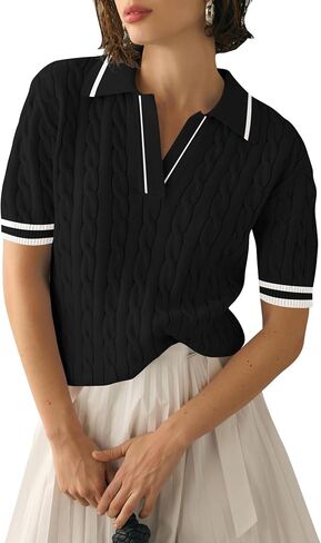 Micoson Womens Short Sleeve Sweater Tops Lapel v Neck Strafle Dorts 2025 Summer Cable Knit Business Discal in Kuwait