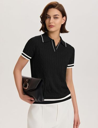 Micoson Womens Short Sleeve Sweater Tops Lapel v Neck Strafle Dorts 2025 Summer Cable Knit Business Discal in Kuwait