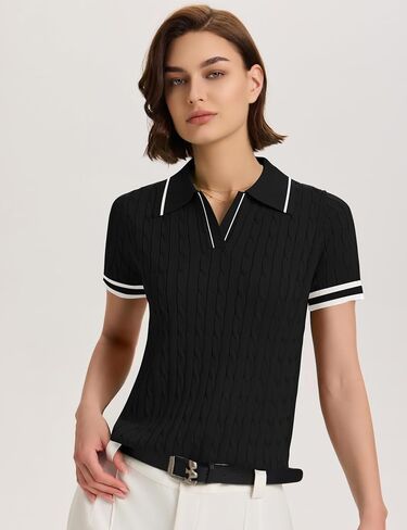 Micoson Womens Short Sleeve Sweater Tops Lapel v Neck Strafle Dorts 2025 Summer Cable Knit Business Discal in Kuwait