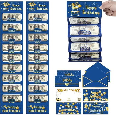 Wiooffen 10pcs أعياد الميلاد حامل الأموال من أجل الهدايا النقدية الأموال الذهب الأزرق مظاريف نقدا ، مفاجأة عيد ميلاد حامل بطاقة هدايا للحصول على نقدية عيد ميلاد سعيد بطاقات الأموال الحزب اللوازم الرجال النساء in Kuwait
