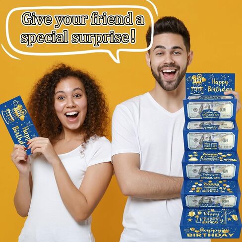 Wiooffen 10pcs أعياد الميلاد حامل الأموال من أجل الهدايا النقدية الأموال الذهب الأزرق مظاريف نقدا ، مفاجأة عيد ميلاد حامل بطاقة هدايا للحصول على نقدية عيد ميلاد سعيد بطاقات الأموال الحزب اللوازم الرجال النساء in Kuwait