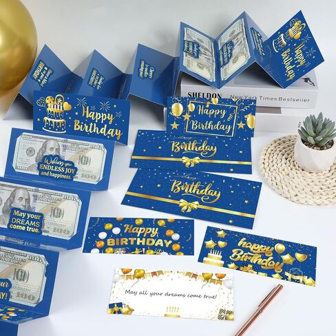 Wiooffen 10pcs أعياد الميلاد حامل الأموال من أجل الهدايا النقدية الأموال الذهب الأزرق مظاريف نقدا ، مفاجأة عيد ميلاد حامل بطاقة هدايا للحصول على نقدية عيد ميلاد سعيد بطاقات الأموال الحزب اللوازم الرجال النساء in Kuwait