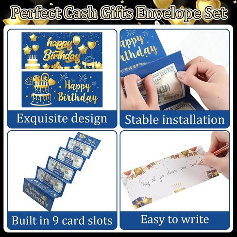 Wiooffen 10pcs أعياد الميلاد حامل الأموال من أجل الهدايا النقدية الأموال الذهب الأزرق مظاريف نقدا ، مفاجأة عيد ميلاد حامل بطاقة هدايا للحصول على نقدية عيد ميلاد سعيد بطاقات الأموال الحزب اللوازم الرجال النساء in Kuwait