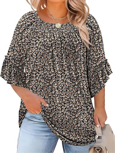 Micoson Womens Plus Size Tops 3/4 Ruffle Sleeve Shirts Crewneck Pleated Blouses Dressy Casual Fashion Tunic Top (1X-5X) in Kuwait