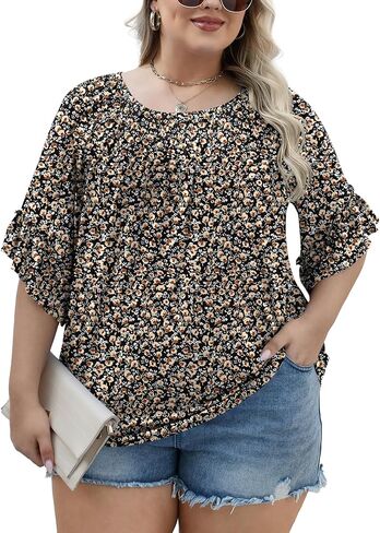 Micoson Womens Plus Size Tops 3/4 Ruffle Sleeve Shirts Crewneck Pleated Blouses Dressy Casual Fashion Tunic Top (1X-5X) in Kuwait