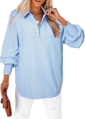 Astylish Women 2025 Fine Striped Smocked Cuffed Henley Shirts Long Sleeve Collared Blouse Tops with Pocket in Saudi Arabia