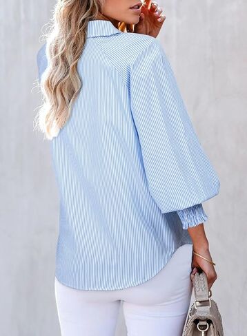 Astylish Women 2025 Fine Striped Smocked Cuffed Henley Shirts Long Sleeve Collared Blouse Tops with Pocket in Saudi Arabia