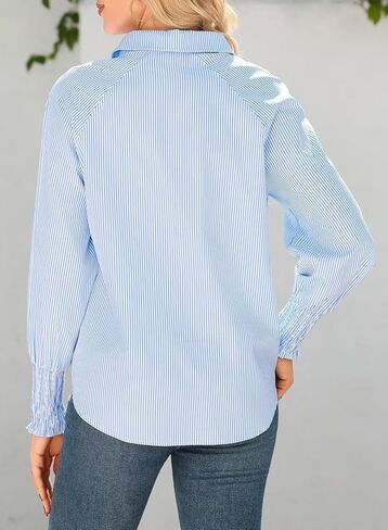 Astylish Women 2025 Fine Striped Smocked Cuffed Henley Shirts Long Sleeve Collared Blouse Tops with Pocket in Saudi Arabia