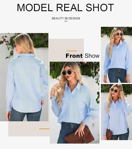 Astylish Women 2025 Fine Striped Smocked Cuffed Henley Shirts Long Sleeve Collared Blouse Tops with Pocket in Saudi Arabia
