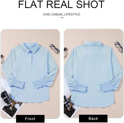 Astylish Women 2025 Fine Striped Smocked Cuffed Henley Shirts Long Sleeve Collared Blouse Tops with Pocket in Saudi Arabia