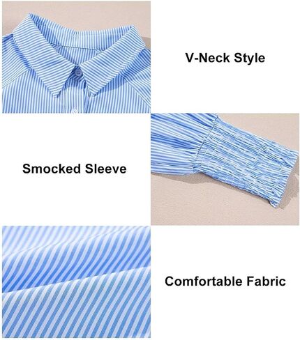 Astylish Women 2025 Fine Striped Smocked Cuffed Henley Shirts Long Sleeve Collared Blouse Tops with Pocket in Saudi Arabia