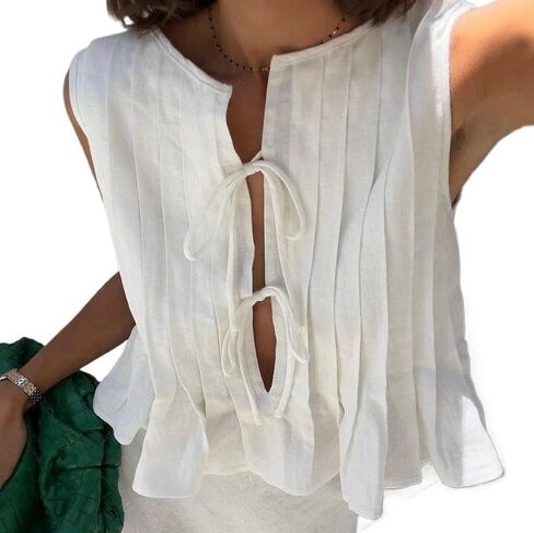 POHADON Womens Y2k Vest Tank Tops Cute Ruffle Cotton Linen Tie Front Shirt Going Out Pleated Summer Cute Lace Up Clothes in Kuwait