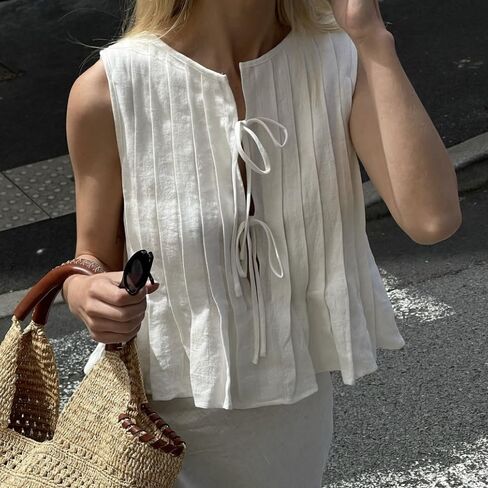 POHADON Womens Y2k Vest Tank Tops Cute Ruffle Cotton Linen Tie Front Shirt Going Out Pleated Summer Cute Lace Up Clothes in Kuwait