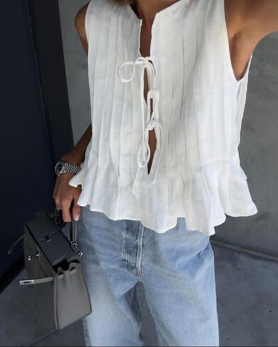 POHADON Womens Y2k Vest Tank Tops Cute Ruffle Cotton Linen Tie Front Shirt Going Out Pleated Summer Cute Lace Up Clothes in Kuwait