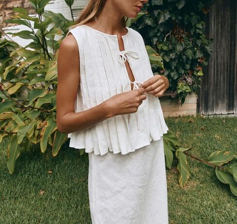 POHADON Womens Y2k Vest Tank Tops Cute Ruffle Cotton Linen Tie Front Shirt Going Out Pleated Summer Cute Lace Up Clothes in Kuwait