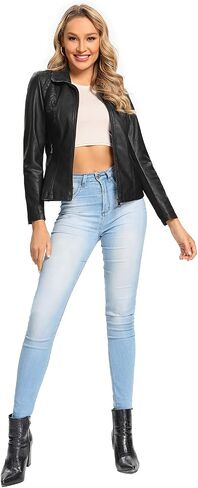 S P Y M Womens Faux Leather Jacket ، عرض أزياء غير رسمية مغنوشة من جلد الغزال مع ضلع مرن in Kuwait