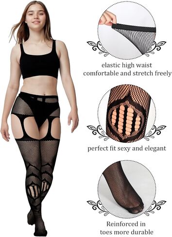 Jadive 6 Pairs Women Plus Size Fishnet Thigh High Stockings Suspender Garter Belt Lingerie Pantyhose Tights Fits XL-XXXXL in Saudi Arabia