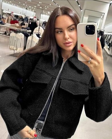 hathne Women's Wool Coat Casual Copped Bomber Jacket Zip Up Fall Shacket Coat Outerwear with Pockets in Kuwait