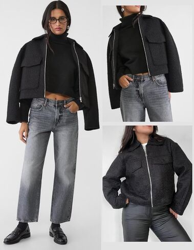 hathne Women's Wool Coat Casual Copped Bomber Jacket Zip Up Fall Shacket Coat Outerwear with Pockets in Kuwait