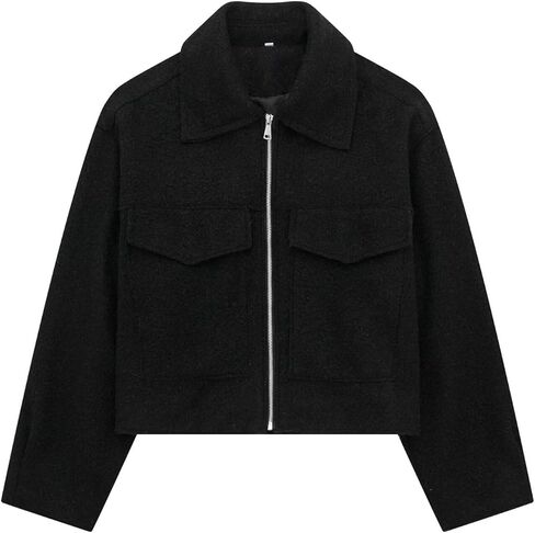 hathne Women's Wool Coat Casual Copped Bomber Jacket Zip Up Fall Shacket Coat Outerwear with Pockets in Kuwait