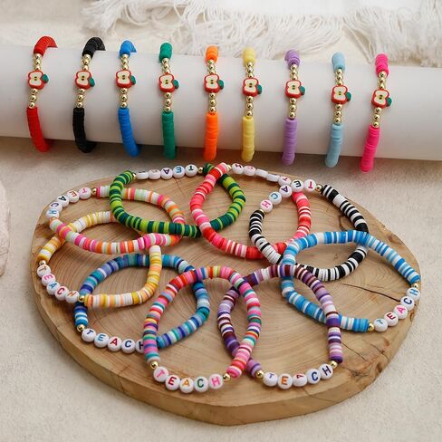 COLOYAN 18PCS Teacher Appreciation Gifts for Women Men, Teacher Gifts Wooden Beaded Bracelet elastic Clay Bracelet, Birthday Christmas Thanksgiving Thank You Gifts for Teachers in Kuwait
