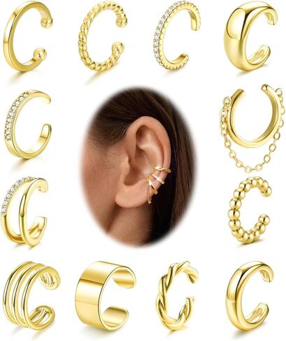 FUNRUN JEWELRY 12 Pcs Ear Cuffs Non Piercing for Women 14K Gold Plated Adjustable Cuff Earrings Non Pierced Cubic Zirconia Ear Cuff Clip on Cartilage Fake Earrings Jewelry in Kuwait