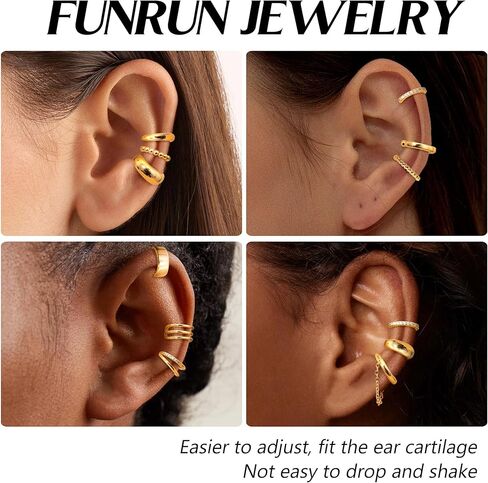 FUNRUN JEWELRY 12 Pcs Ear Cuffs Non Piercing for Women 14K Gold Plated Adjustable Cuff Earrings Non Pierced Cubic Zirconia Ear Cuff Clip on Cartilage Fake Earrings Jewelry in Kuwait