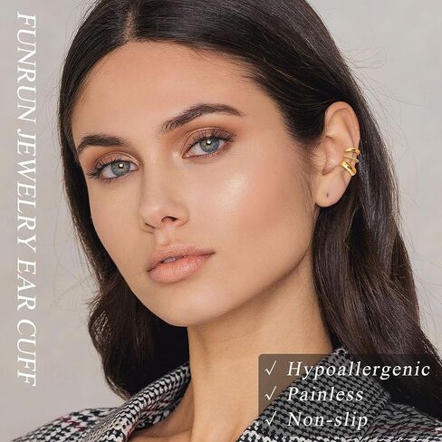 FUNRUN JEWELRY 12 Pcs Ear Cuffs Non Piercing for Women 14K Gold Plated Adjustable Cuff Earrings Non Pierced Cubic Zirconia Ear Cuff Clip on Cartilage Fake Earrings Jewelry in Kuwait