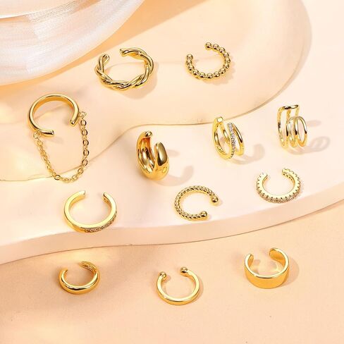 FUNRUN JEWELRY 12 Pcs Ear Cuffs Non Piercing for Women 14K Gold Plated Adjustable Cuff Earrings Non Pierced Cubic Zirconia Ear Cuff Clip on Cartilage Fake Earrings Jewelry in Kuwait