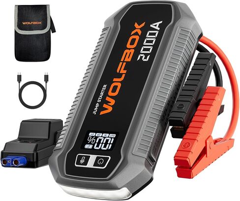 WOLFBOX 3000A Jump Starter، بطارية سيارة 12 فولت مع شاشات LED، شاحن سريع 65 وات، حزمة بطارية محمولة 16000 مللي أمبير في الساعة (محرك ديزل 8 لتر غاز 6 لتر) مع معزز، ضوء LED، كابلات توصيل in Kuwait