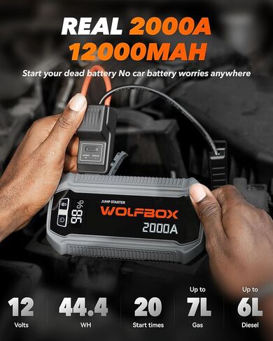 WOLFBOX 3000A Jump Starter، بطارية سيارة 12 فولت مع شاشات LED، شاحن سريع 65 وات، حزمة بطارية محمولة 16000 مللي أمبير في الساعة (محرك ديزل 8 لتر غاز 6 لتر) مع معزز، ضوء LED، كابلات توصيل in Kuwait
