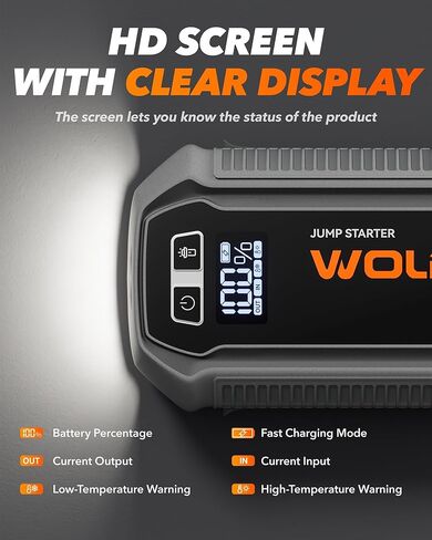 WOLFBOX 3000A Jump Starter، بطارية سيارة 12 فولت مع شاشات LED، شاحن سريع 65 وات، حزمة بطارية محمولة 16000 مللي أمبير في الساعة (محرك ديزل 8 لتر غاز 6 لتر) مع معزز، ضوء LED، كابلات توصيل in Kuwait