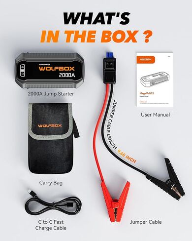WOLFBOX 3000A Jump Starter، بطارية سيارة 12 فولت مع شاشات LED، شاحن سريع 65 وات، حزمة بطارية محمولة 16000 مللي أمبير في الساعة (محرك ديزل 8 لتر غاز 6 لتر) مع معزز، ضوء LED، كابلات توصيل in Kuwait