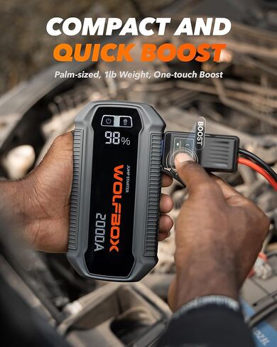 WOLFBOX 3000A Jump Starter، بطارية سيارة 12 فولت مع شاشات LED، شاحن سريع 65 وات، حزمة بطارية محمولة 16000 مللي أمبير في الساعة (محرك ديزل 8 لتر غاز 6 لتر) مع معزز، ضوء LED، كابلات توصيل in Kuwait